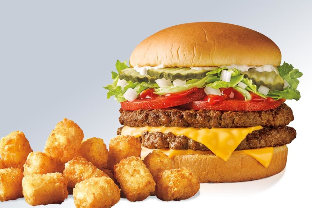 Juicy double cheeseburger with crispy tater tots representing customer care excellence, fast food chain service quality, brand trust, and fast service resolution through centralized customer support channel