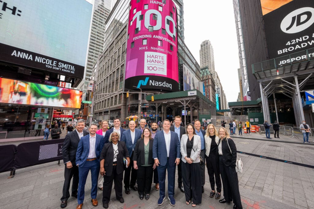 Harte Hanks team celebrates its 100-year anniversary at Nasdaq by ringing the closing bell in Times Square, marking a century of marketing innovation, corporate milestones, and business success. The event signifies Harte Hanks' long-standing influence in the marketing industry, leadership in financial communications, and continued commitment to excellence. Surrounded by towering digital billboards, the team stands proudly in front of the Nasdaq MarketSite, emphasizing the significance of this historic moment in the company’s legacy.