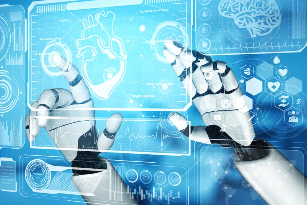 A robotic hand interacts with a digital healthcare interface displaying heart monitoring, AI-powered diagnostics, and medical research data. Explore how Pharma AI, RWE, and clinical trials enhance patient engagement, drug adherence, and healthcare access.