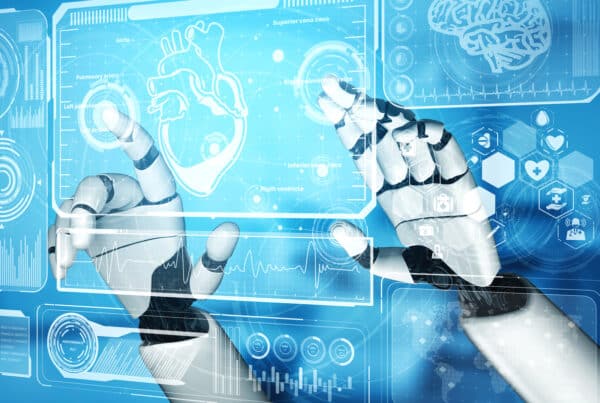 A robotic hand interacts with a digital healthcare interface displaying heart monitoring, AI-powered diagnostics, and medical research data. Explore how Pharma AI, RWE, and clinical trials enhance patient engagement, drug adherence, and healthcare access.