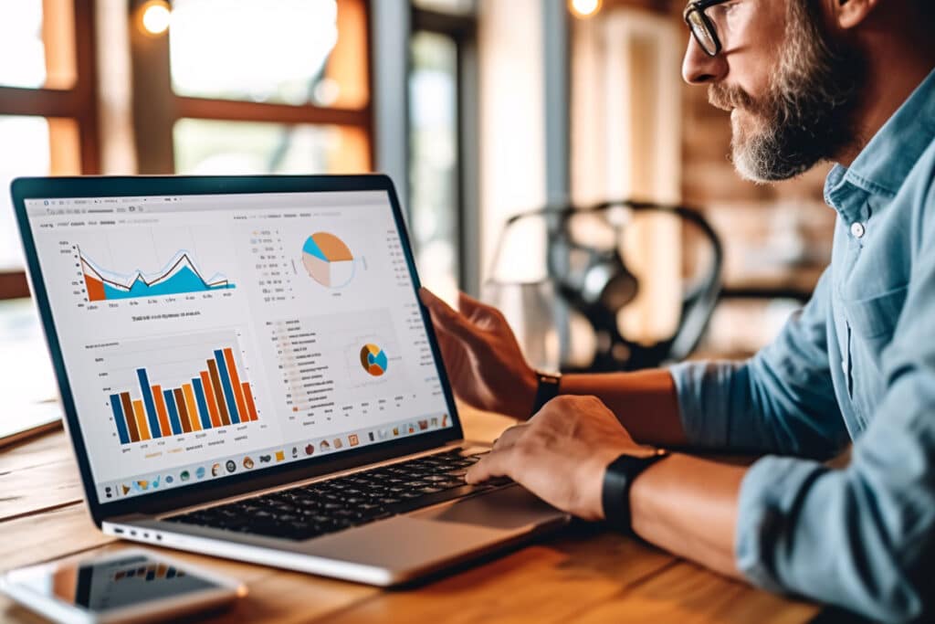 A business professional analyzing B2B revenue data on a laptop, reviewing charts and CRM software insights to enhance sales enablement, account-based marketing (ABM), and data strategy for sustainable business growth.