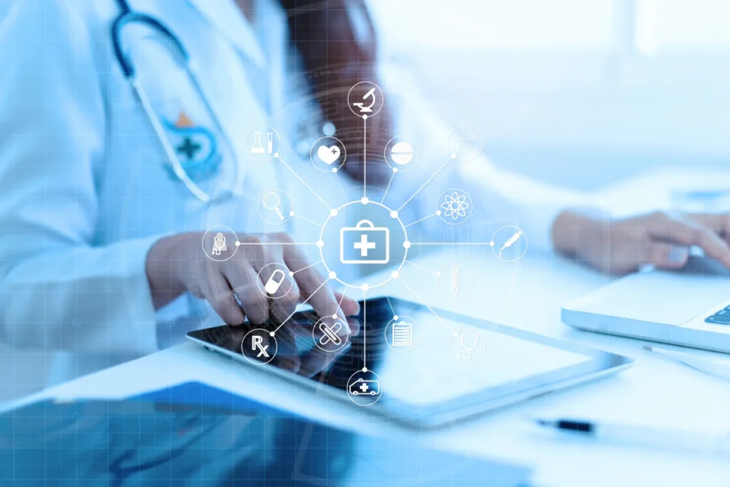 Healthcare professional using a digital tablet to enhance patient outcomes through a connected care ecosystem, showcasing comprehensive patient support services, engagement solutions, and healthcare provider portals.