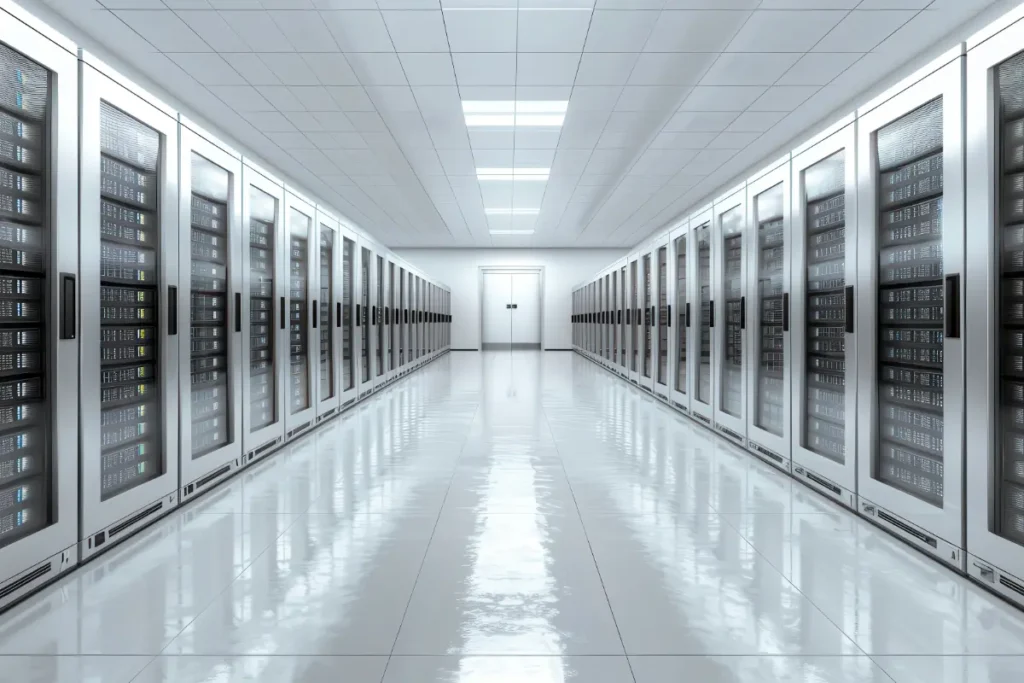 A spacious data server room emphasizing data integrity, accuracy, and the importance of data cleansing in maintaining optimized AI infrastructure. Rows of servers showcase a high-tech environment supporting data-driven solutions and advanced AI processing.