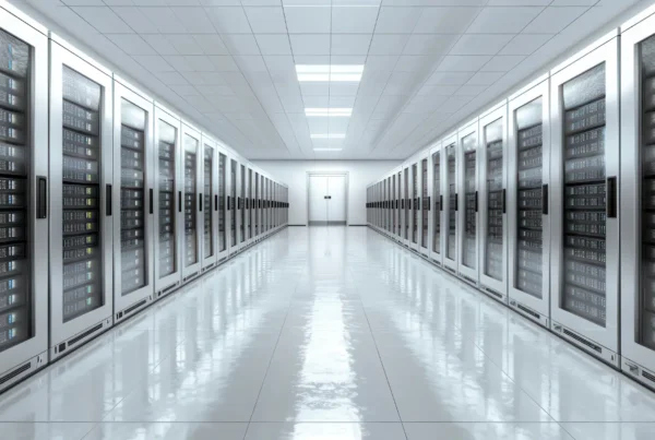 A spacious data server room emphasizing data integrity, accuracy, and the importance of data cleansing in maintaining optimized AI infrastructure. Rows of servers showcase a high-tech environment supporting data-driven solutions and advanced AI processing.