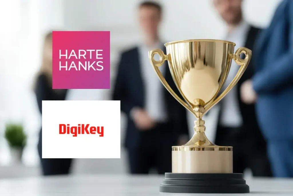 Trophy symbolizing the DigiKey Partnership Excellence Award presented to a leading customer experience company, highlighting achievements in the EMEA region for marketing agility, creative expertise, innovative ideas, regional marketing, flawless delivery, and a trusted relationship. The image features the Harte Hanks and DigiKey logos, representing success in MaaS-driven campaigns and strategic collaboration.
