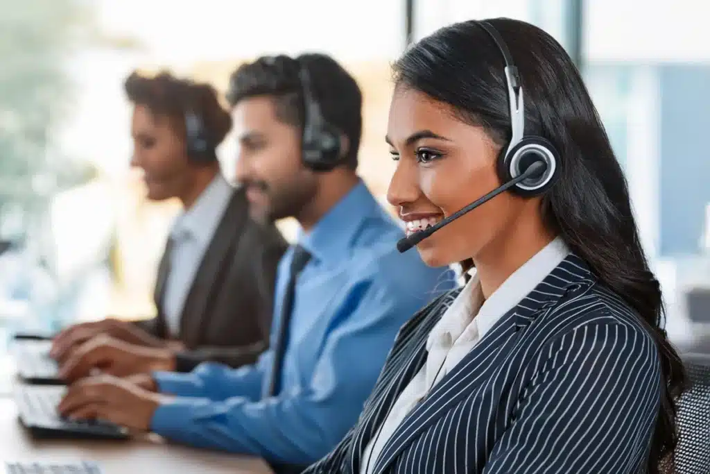 Diverse omnichannel contact center team in call center, using headsets and screens for real-time support, advanced technology, empathy at scale, exceptional customer experience, brand advocates, feedback loops, continuous improvement, cost center to experience engine shift, real world impact, meeting customers, looking ahead to strategies.
