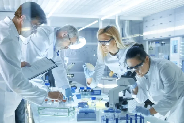 Research team in a laboratory collaborating with scientific equipment to analyze samples and record results