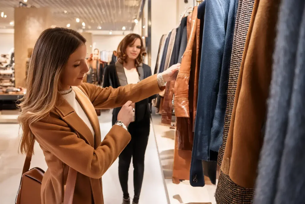 Woman browsing designer jackets in a luxury consignment boutique highlighting customer experience, consumer behavior, and personalized engagement in the fast-growing luxury resale market with white-glove support, premium marketplace services, and an omnichannel experience delivering superior luxury experience and scaling support in response to explosive demand.